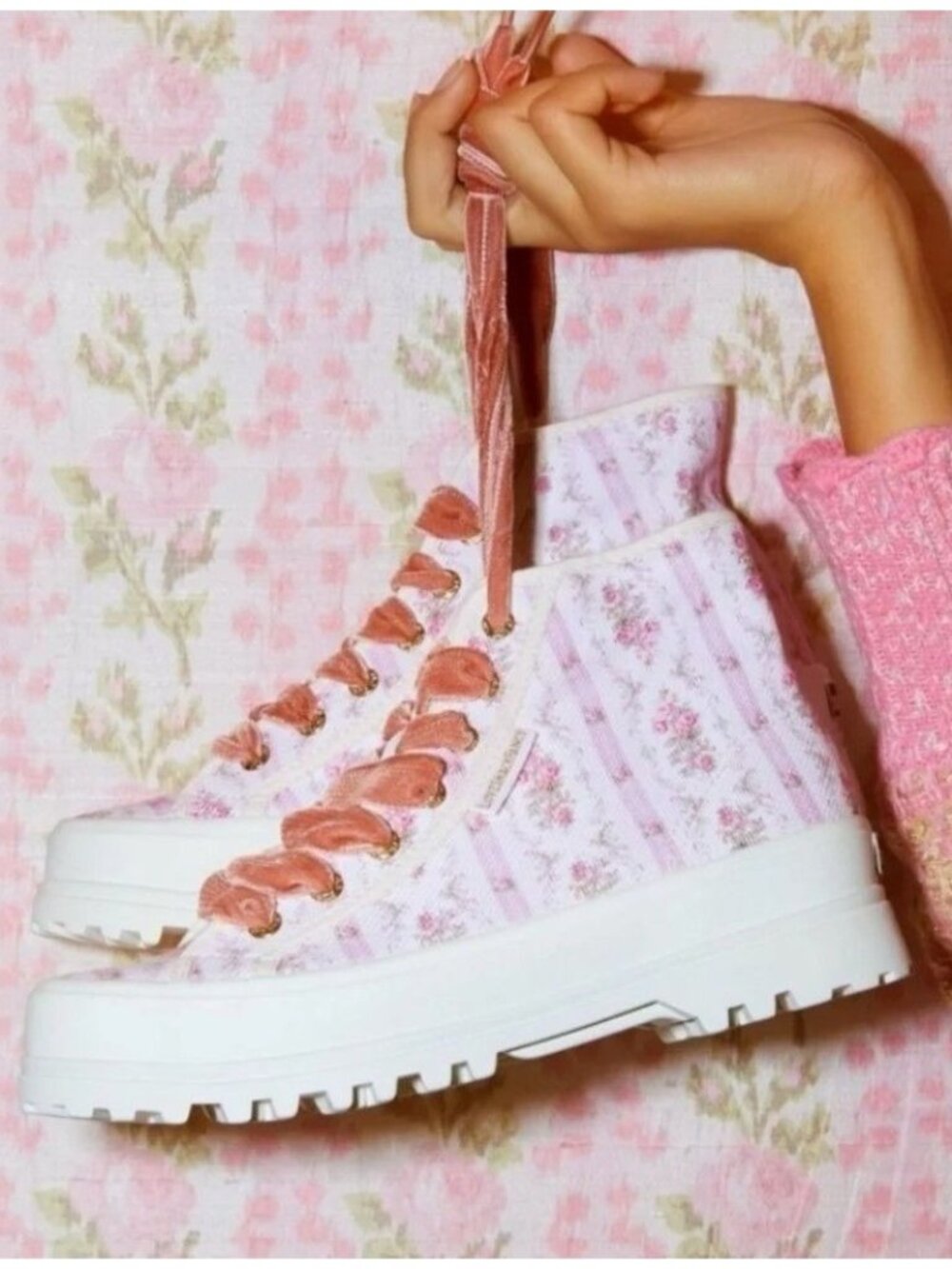 Superga x LoveShackFancy Alpina Floral High Top Sneakers EU 38 US 7.5 Pink 2341